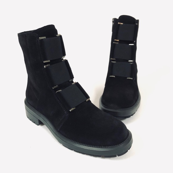 Aquatalia Liv Blk Leather Suede Weatherproof Combat Boot - Picture 1 of 6